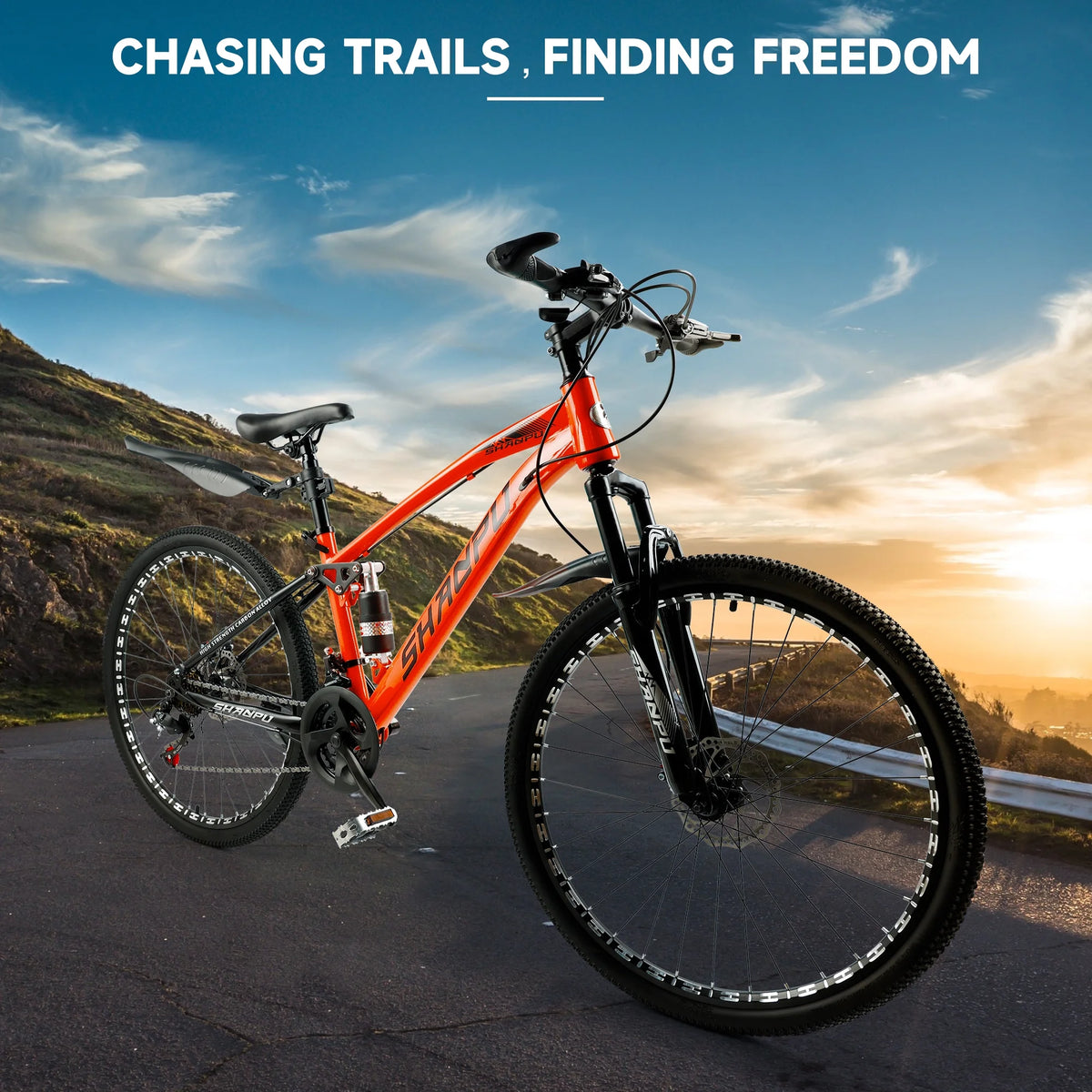 ARTUDATECH 26 Inch Wheel Full Suspension Mens Mountain Bike, Shimano 21 Speed,  Dual Disc Brake Bike for Men Womens Adult Bicycle With Bike Lock And Air Pump, orange