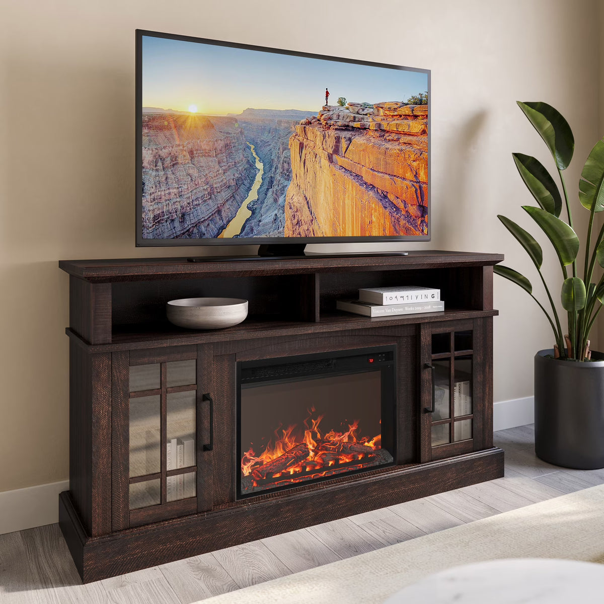 BELLEZE 58" TV Stand with 23" Electric Fireplace, Fireplace TV Console for TVs up to 65", Home Entertainment Center with Storage Cabinet and Adjustable Shelves - Astorga (Gray Wash)