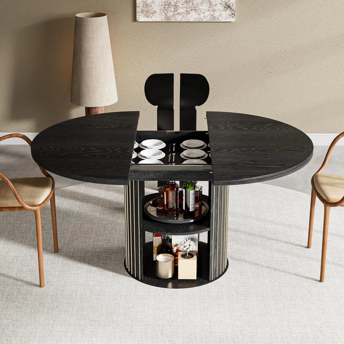 Extendable Dining Table for 4-6, Round Kitchen Table with Storage Shelf, Oval Dining Tables for Living Room (Walnut)