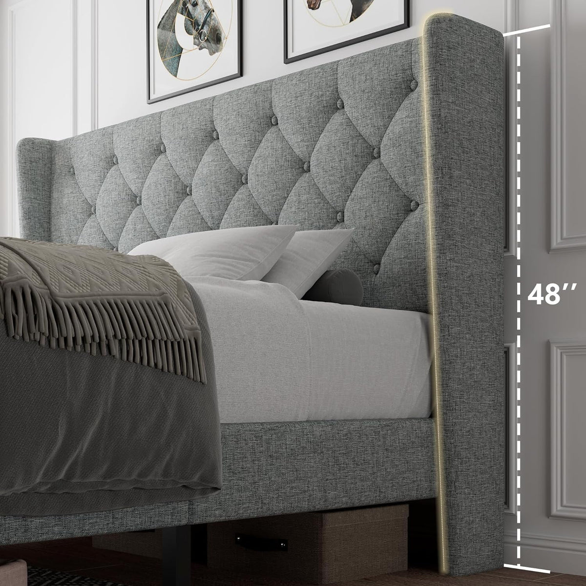iPormis Full Size Bed Frame with Diamond Button Tufted Wingback Headboard, Upholstered Platform Bed Frame with Strong Wood Slat Support, Light Gray