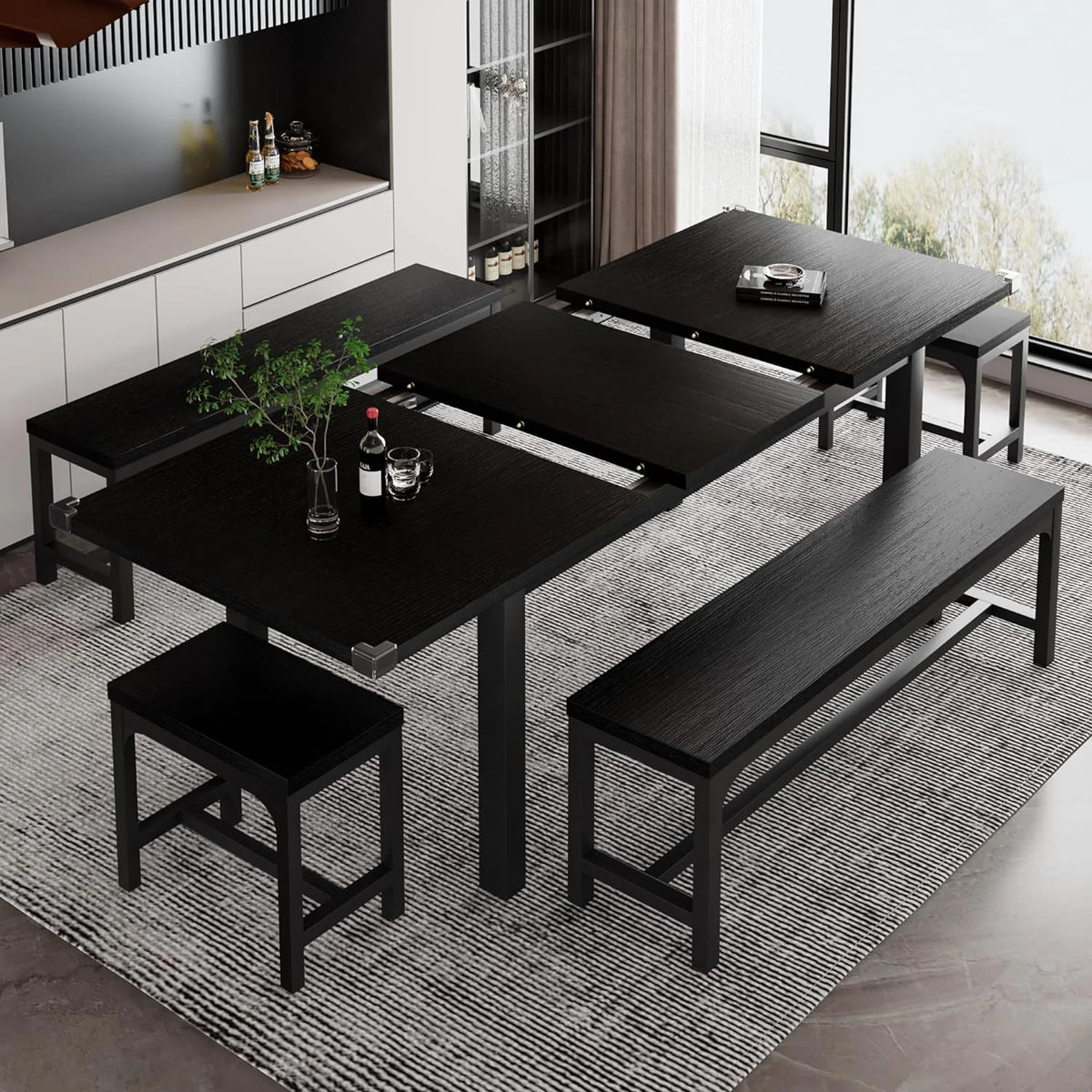 iPormis 5-Piece Dining Table Set for 4-8 People, Extendable Kitchen Table Set with 2 Benches and 2 Square Stools, Black