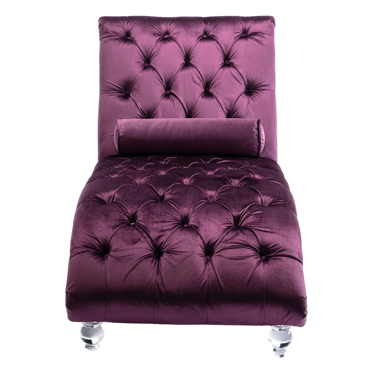 Velvet Chaise Lounge Chair, Modern Button Tufted Lounge Chair with Acrylic Legs and Nailhead Trim, Upholstered Sleeper Chair with Toss Pillow for Living Room Bedroom, Purple