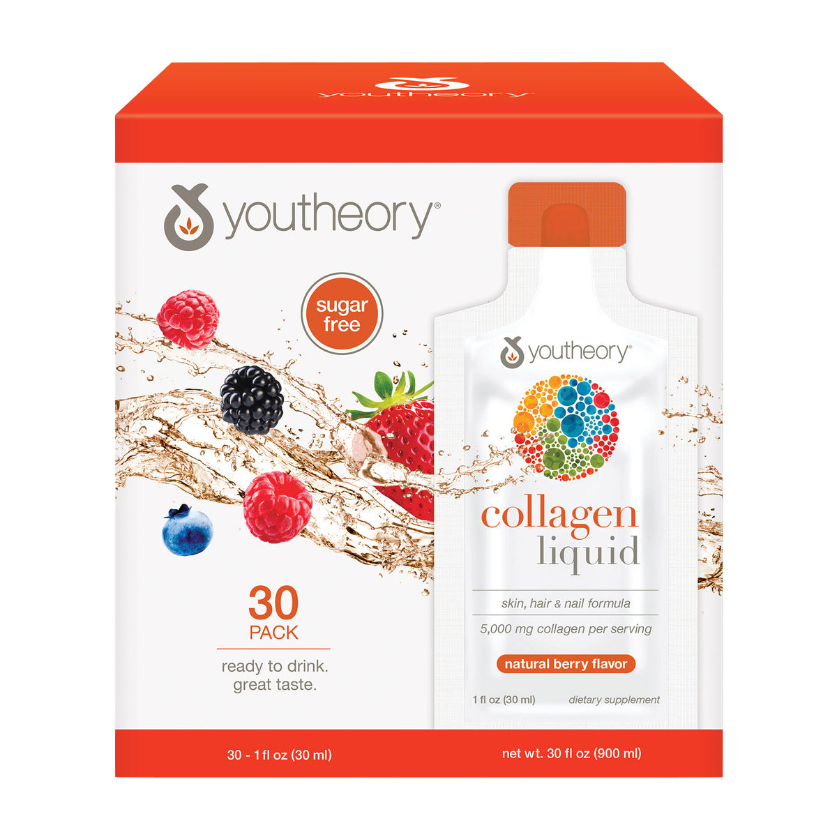 youtheory Collagen Liquid,  Berry Flavor, 30 Packets