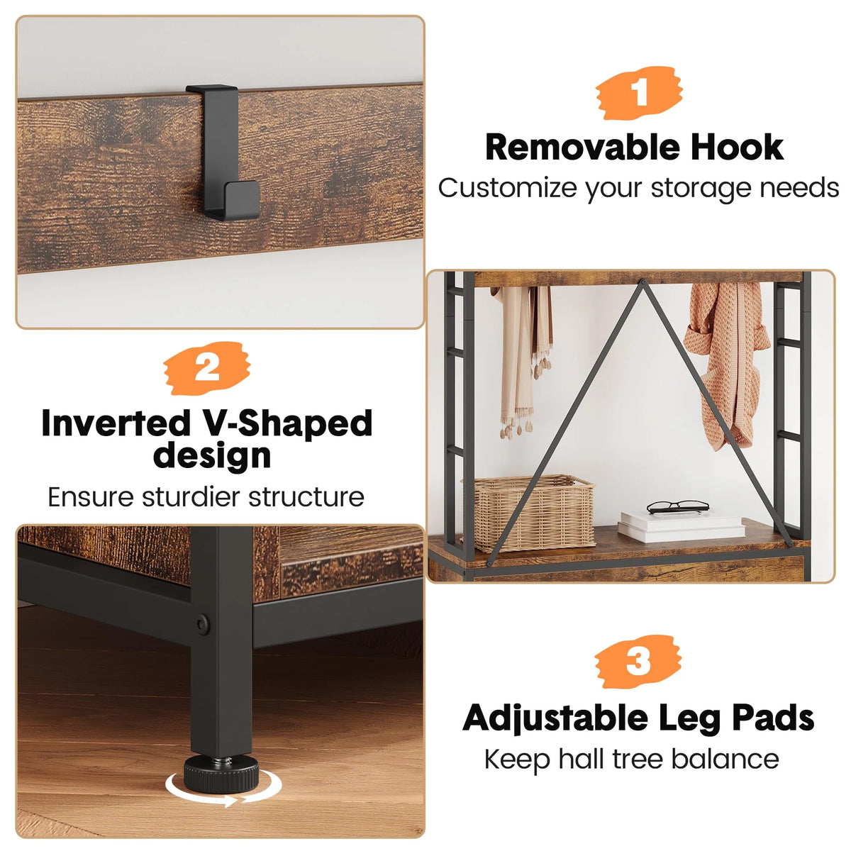 Hall Tree with Bench 36.41" Coat Rack Freestanding 5 in 1 Industrial Shoe Bench with 3 Storage Cubbies and 8 Hooks Entryway Coat Rack with Shoe Storage, Brown