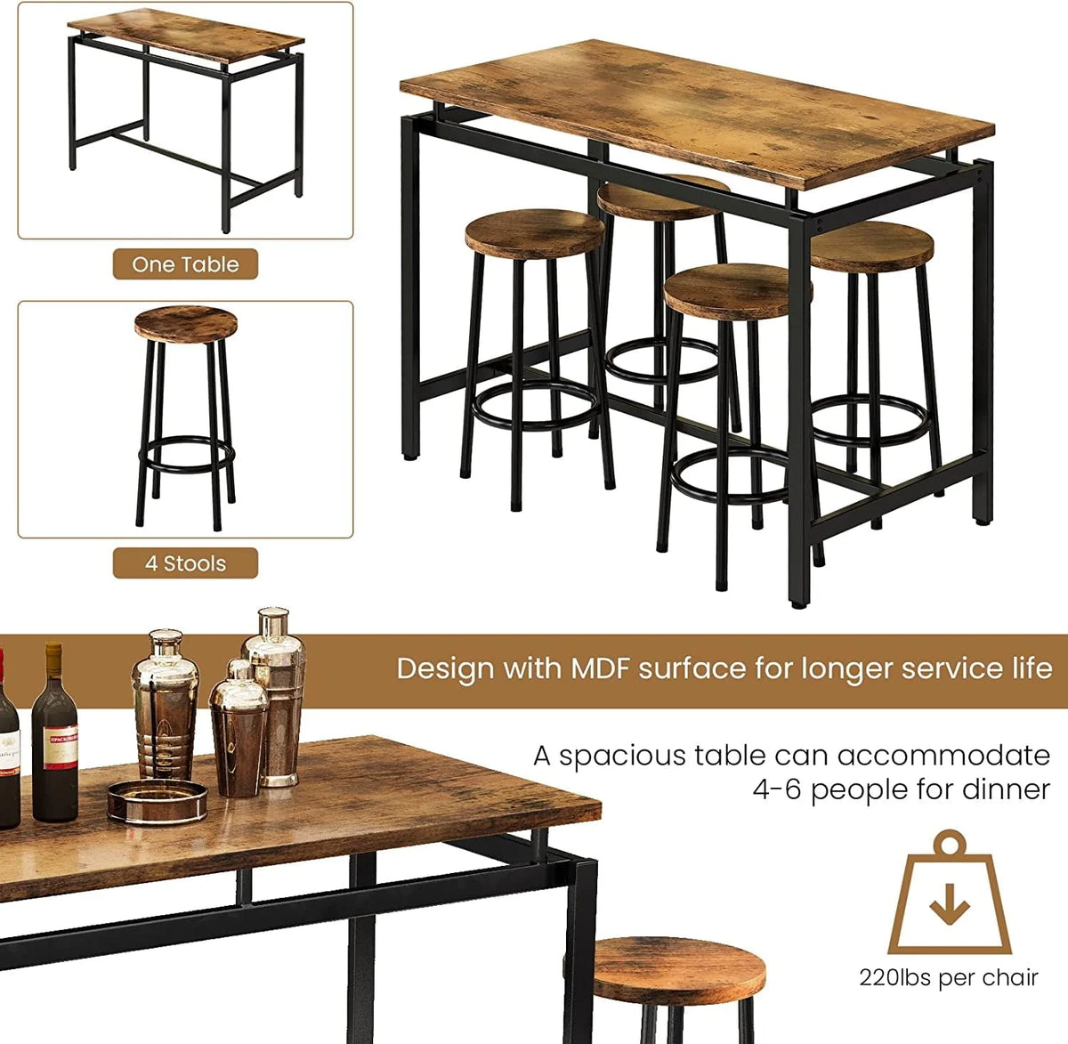 Recaceik Bar Dining Table Set for 4, Kitchen Bistro Table 34.6"H with 4 Round Stools