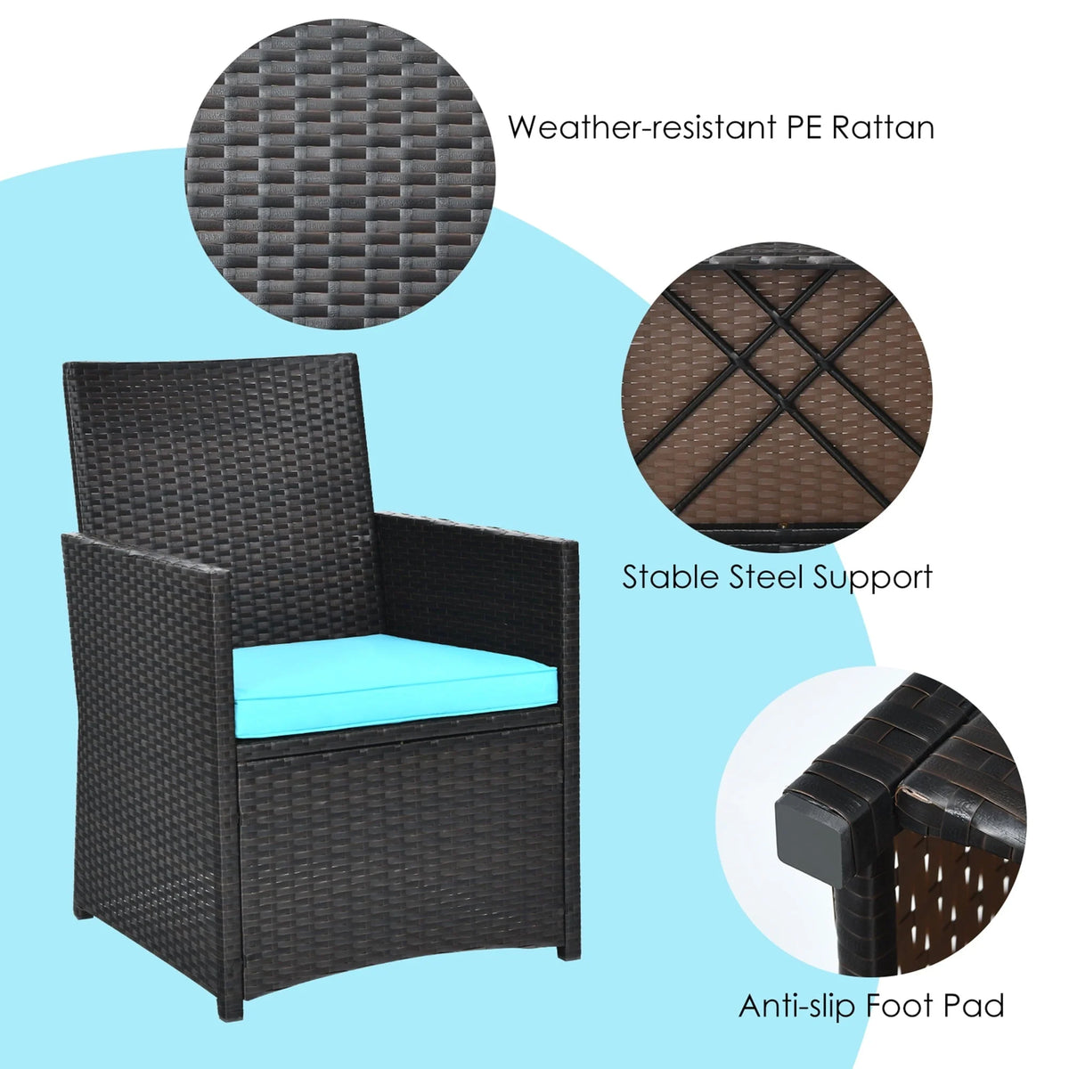 Gymax 3PCS Patio Wicker Bistro Set PE Rattan Dining Table Set w/ Turquoise Cushions