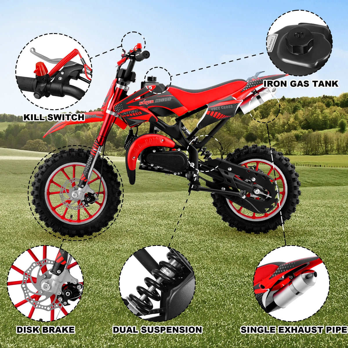 Gpower Gasoline 49cc Dirt Bike for Kids 6-15,2-Stroke Gas Power Mini Dirt Bike,1-Seater,Red