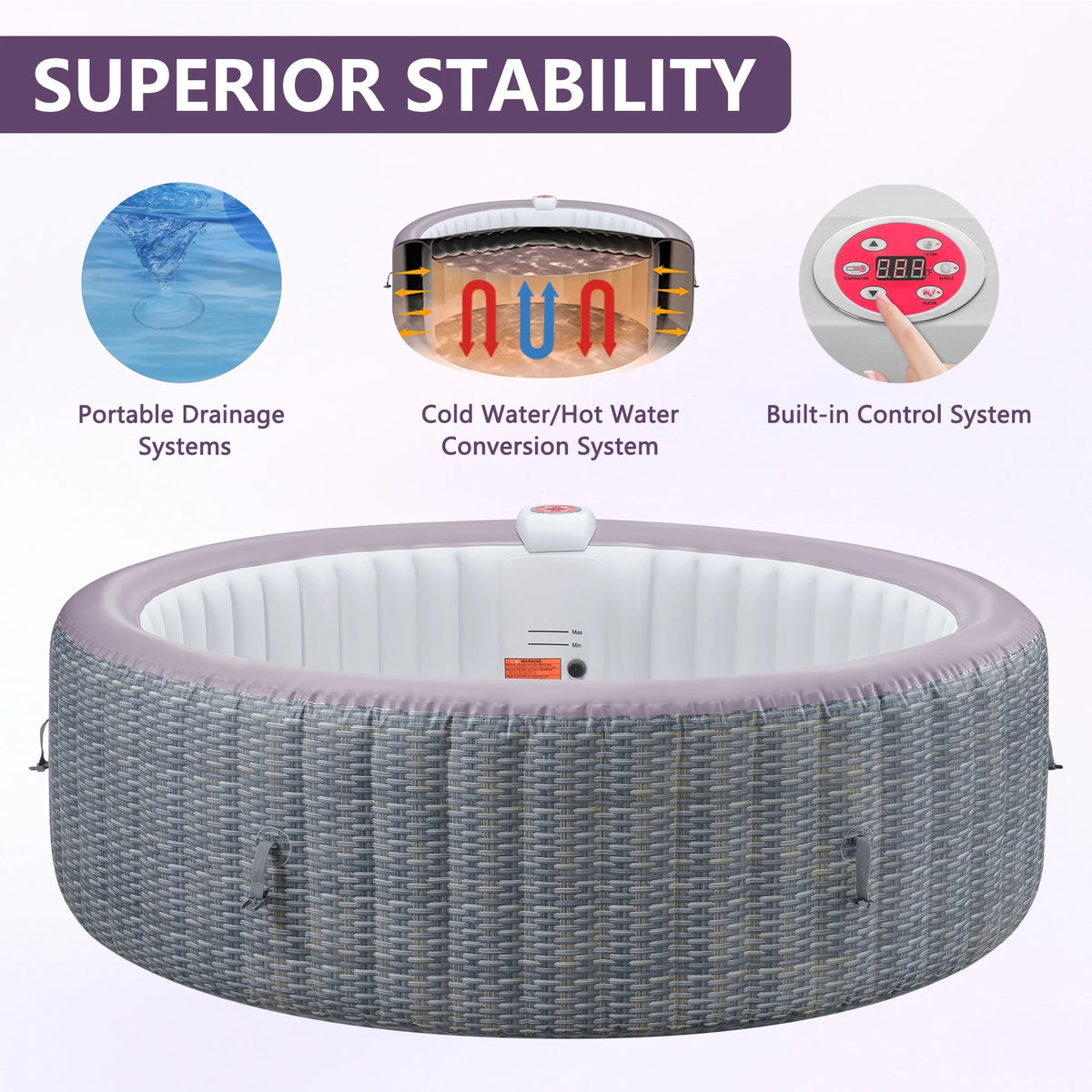 Portable Inflatable Hot Tub with Built-in Heating System - 264 Gallon Capacity, Massage Jet Home Hot Tub with Dust Cover for Teens and Adults, Wood Grain