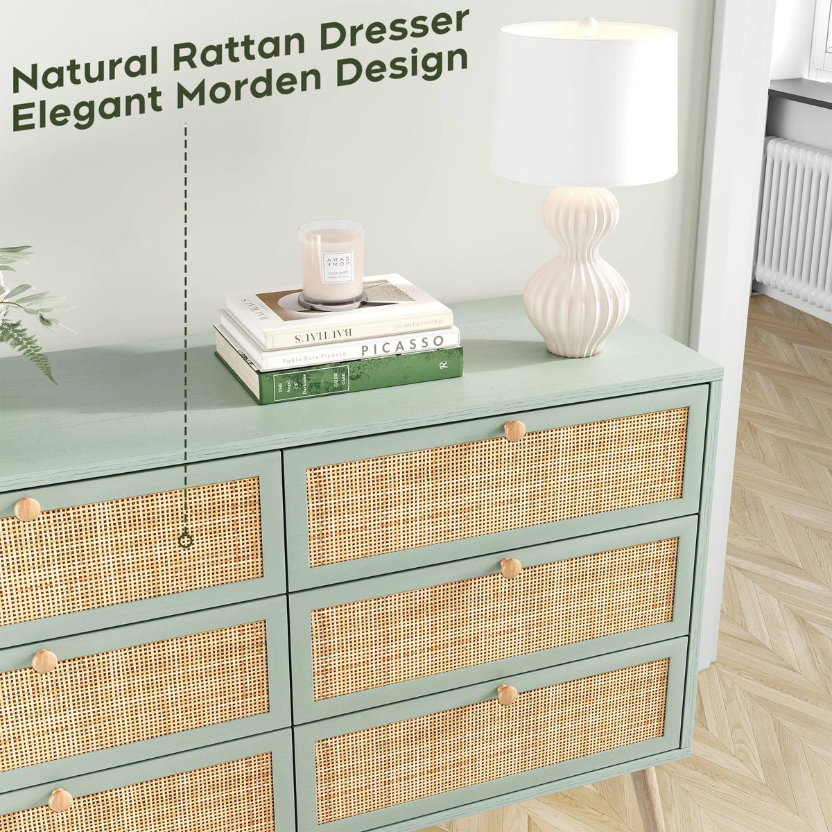 Brafabhome Rattan 6 Drawers Dresser for Bedroom, Vintage Boho Double Dresser Wicker Chest with Wooden Legs for Living Room Hallway| Mint