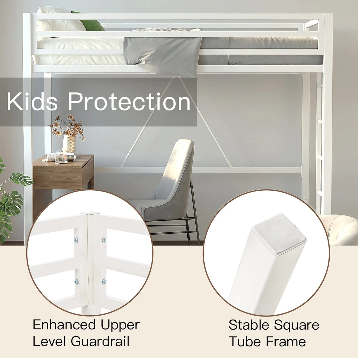 Einfach Metal Twin Size Loft Bed with Removable Ladder & Full-Length Guardrail, White