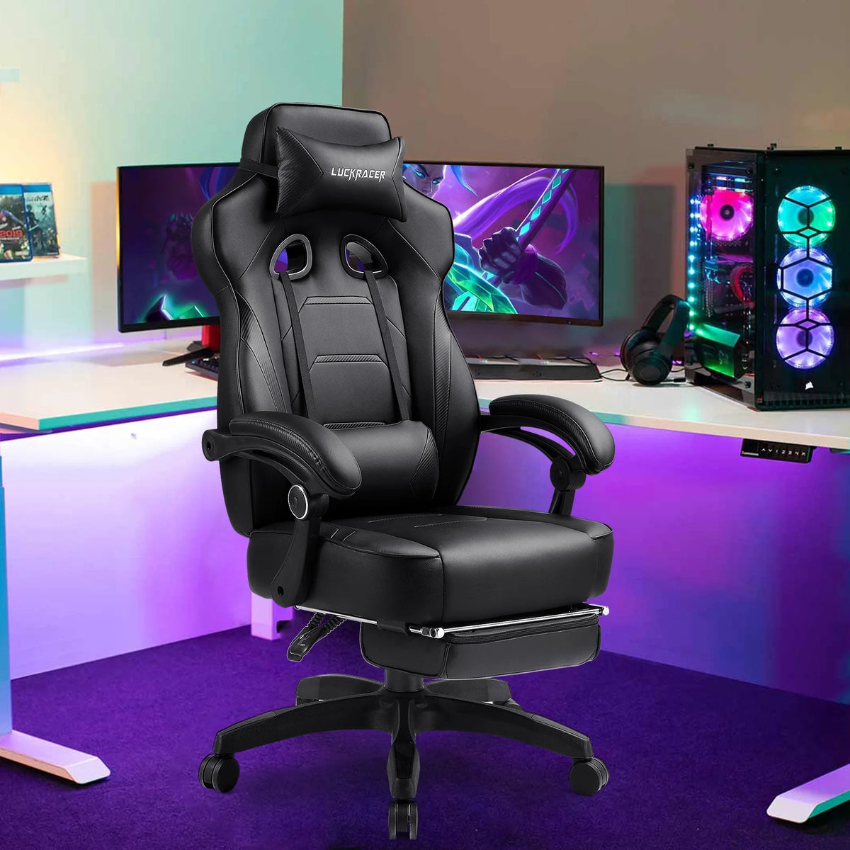 GTPLAYER Gaming Chair with Footrest, Big and Tall Game Chair 350lb Racing Style Computer Chair, Ergonomic Executive Office Chair High Back with Lumbar Support and Recliner, Black