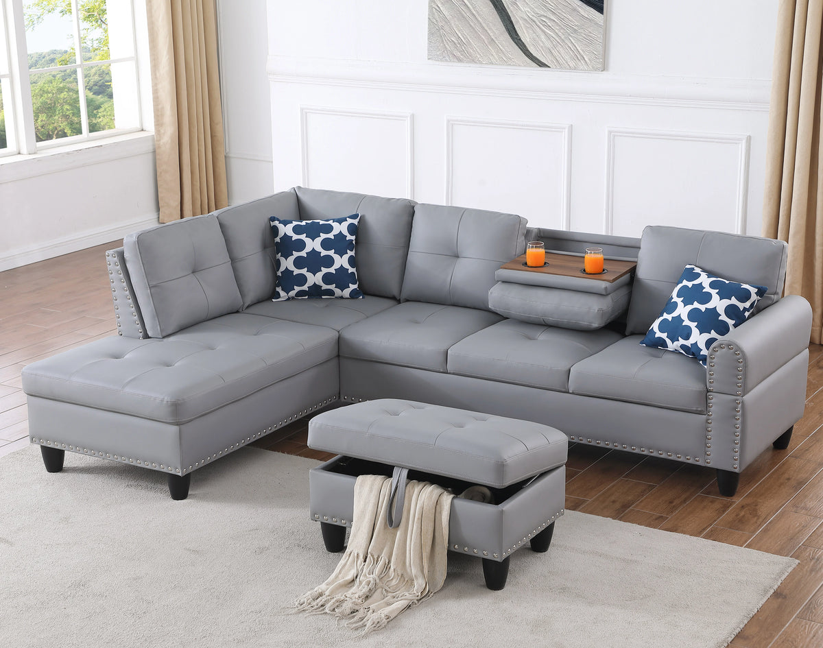 Sectional Sofas Faux Leather L - Shaped Sectional Set with Cup Holders 2pc,Large Sectional Couches