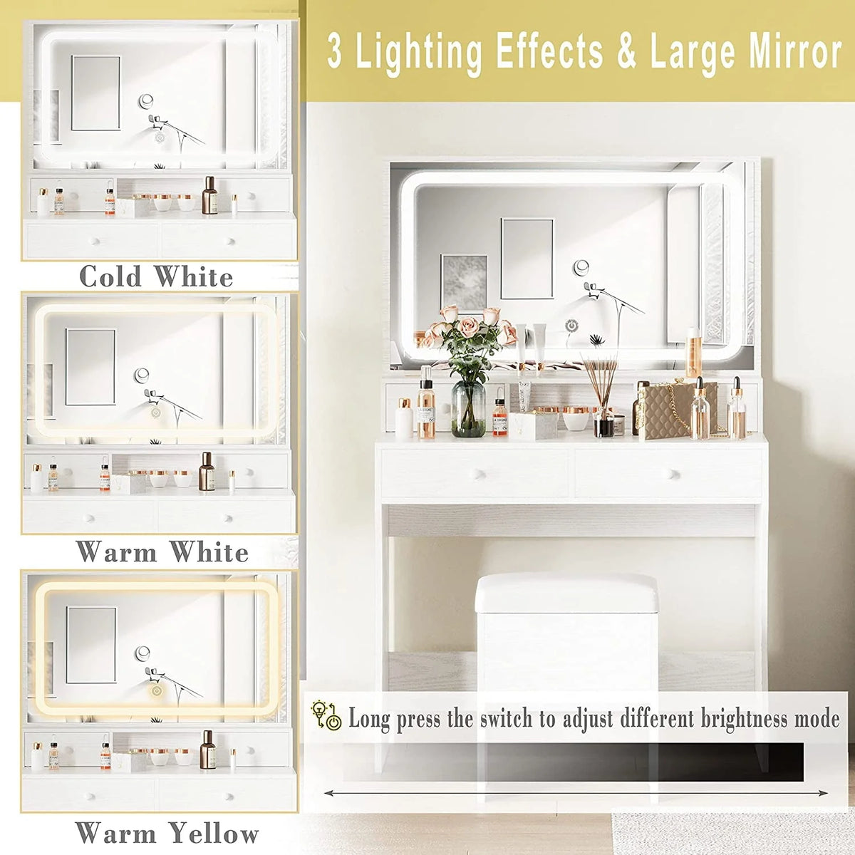 IRONCK Vanity Makeup Table Desk Set with LED Light Mirror & Power Outlet,  with 4 Drawers,Modern White