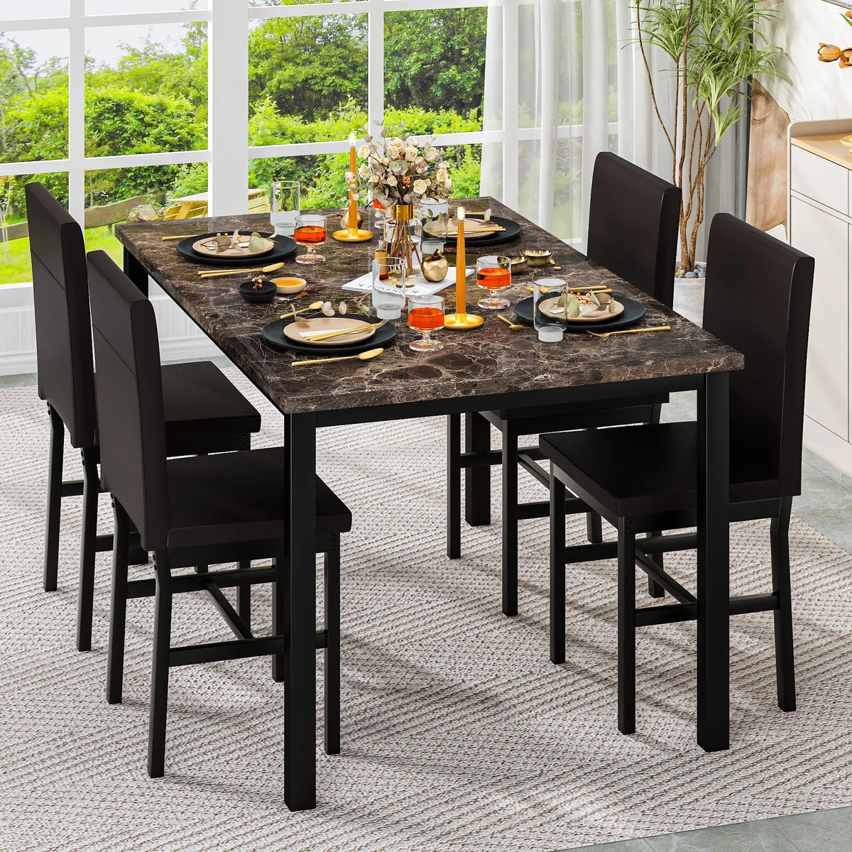 AWQM Dining Table Set of 4, Faux Marble 5 Piece Dining Room Table Set with PU Leather Chairs, Rectangular Kitchen Table Set for Apartment, Dining, White