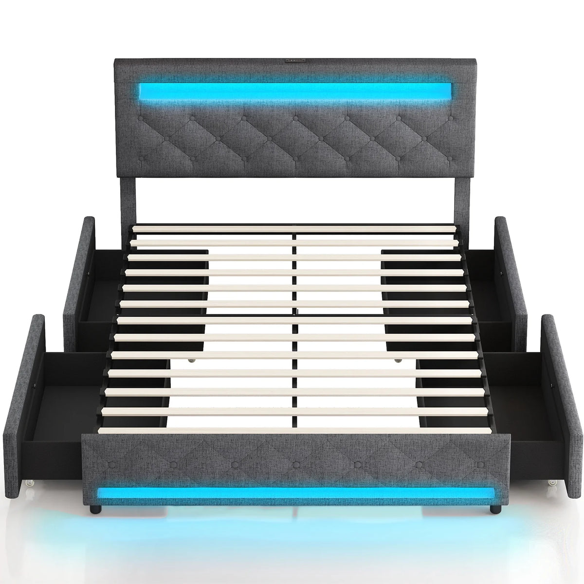 LED Bed Frame Queen Size with 4 Storage Drawers + 2 USB Ports and Outlets, Adjustable Upholstered Headboard, Solid Wooden Slat Support, No Box Spring Needed