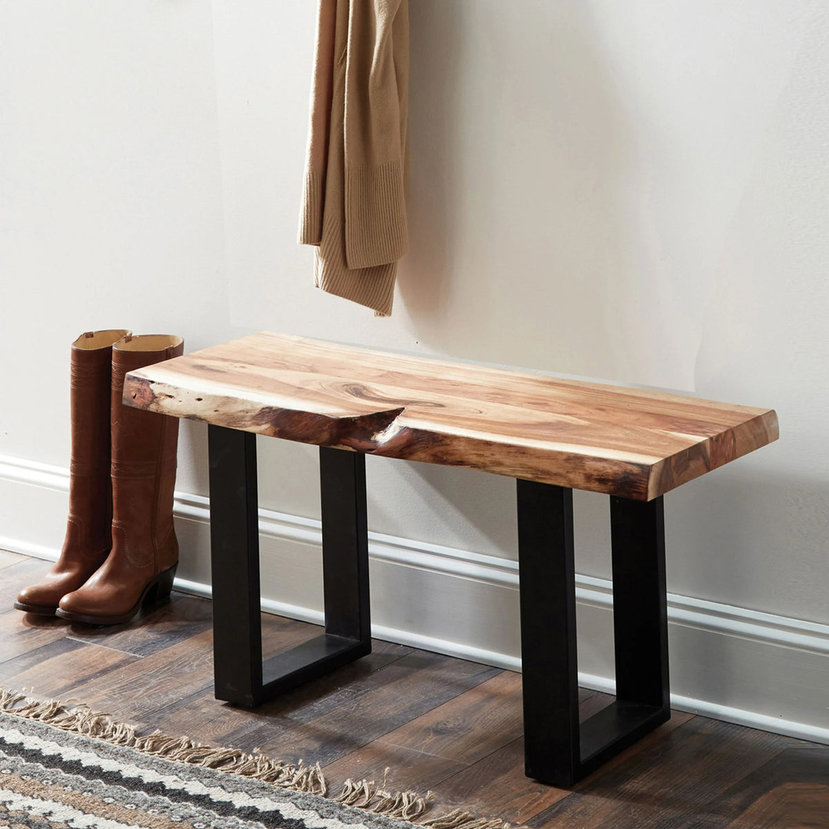 Alaterre Furniture Alpine 36-Inch Live Edge Solid Acacia Wood Bench with Black Metal Legs and Floor Protectors, Modern Farmhouse Entryway Hall Decor