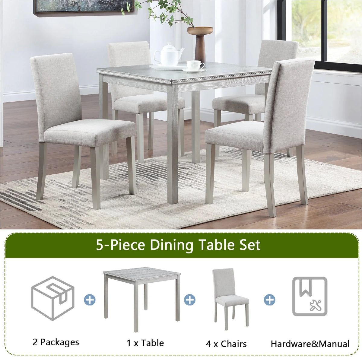 PORKISS Dining Table Set for 4, Solid Wood Dining Room Set with 1 Square Table 4 Upholstered Chairs, Dinner Table with Padded Chairs for Home Kitchen, Gray