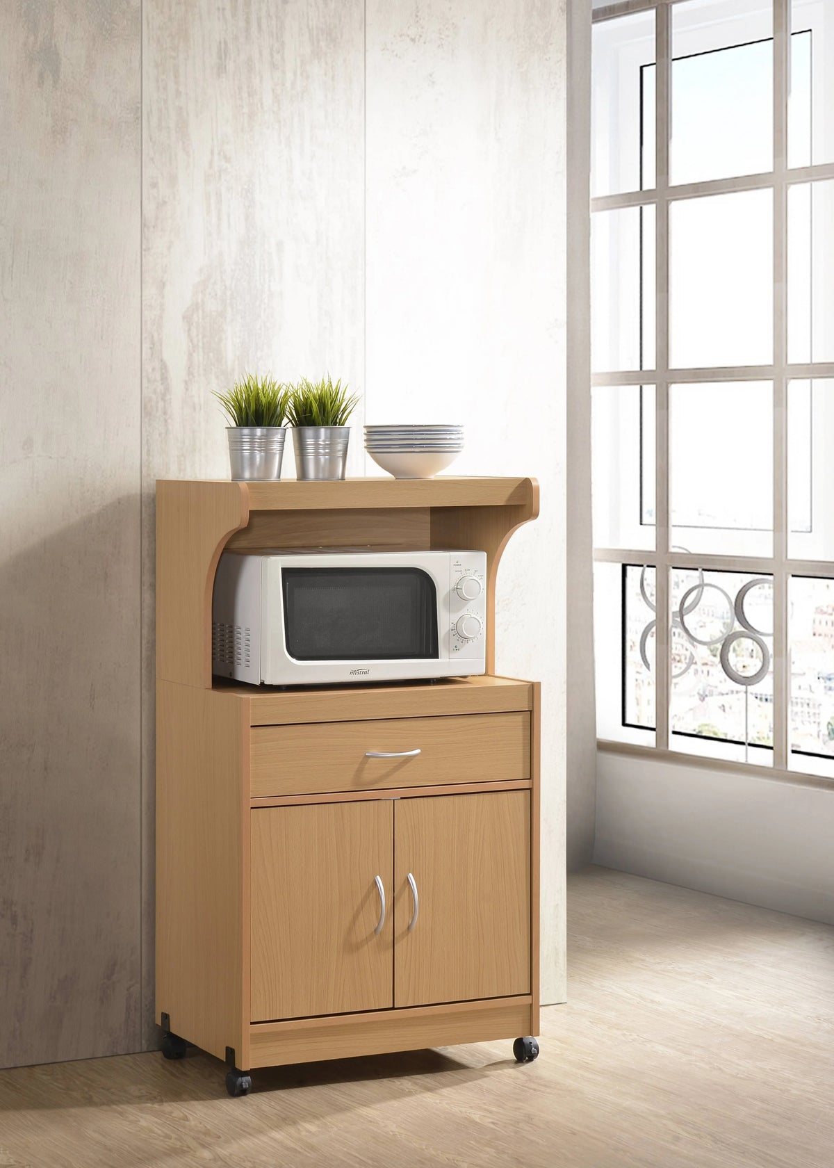Hodedah Microwave Contemporary Wooden Kitchen Cart in Cherry Finish