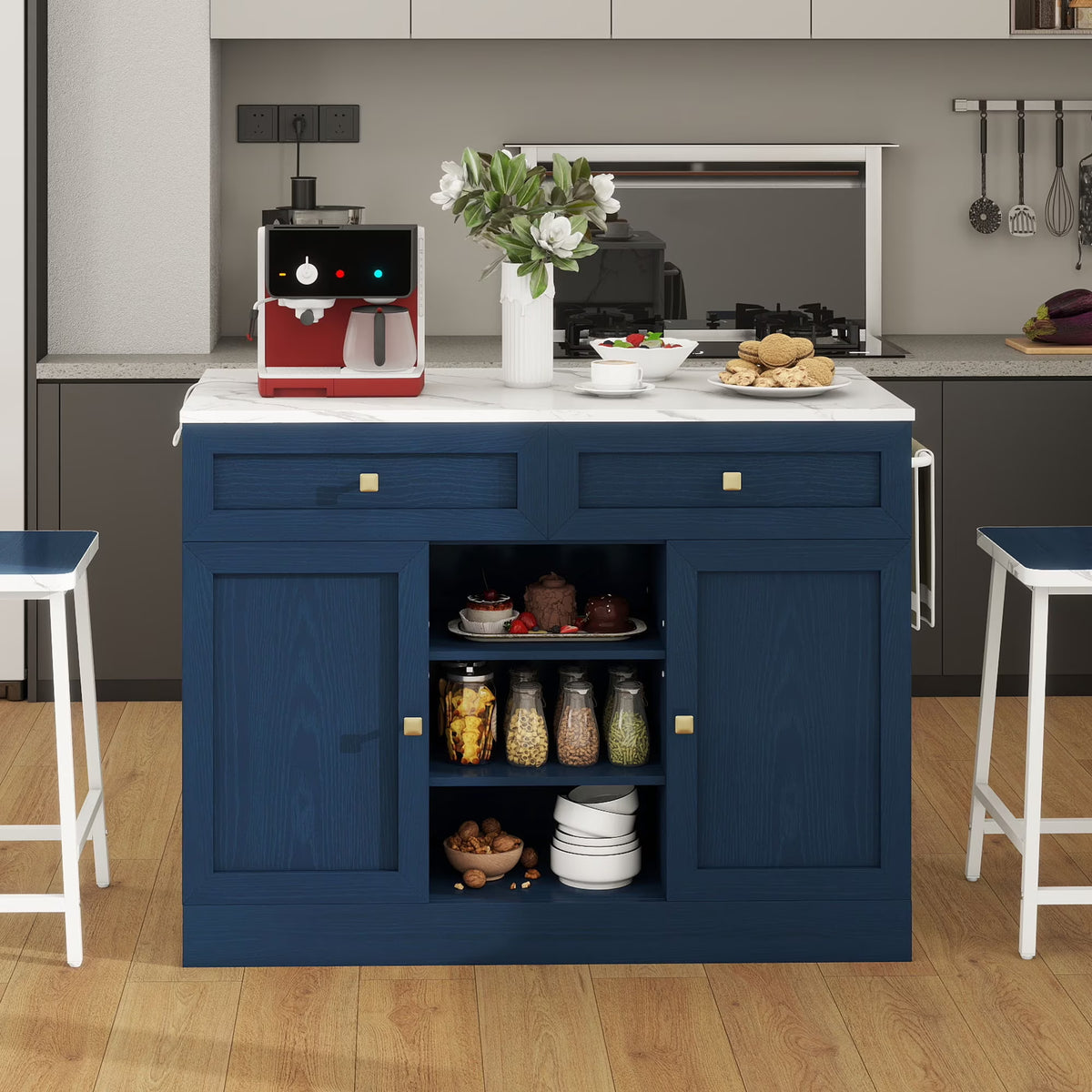 Uforic Kitchen Island Table with 2 Stools & Power Outlets, Kitchen Furniture with Storage, Navy Blue