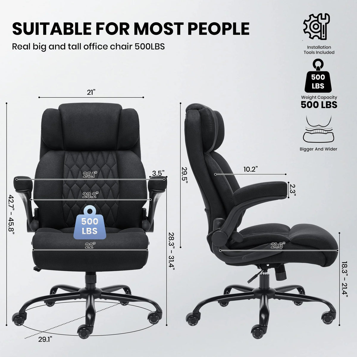 Ninecer 500lbs Big and Tall Office Chair with Inflatable Lumbar Support, Ergonomic Executive Desk Chair with Extra Wide Seat, Adjustable Height Computer Chair, Heavy Duty Leather Office Chair, Black