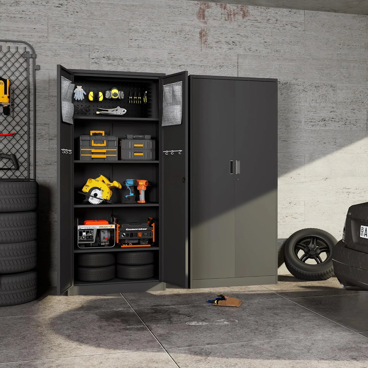 Metal Garage Storage Cabinet with Locking Doors, Lockable Heavy Duty Metal Tool Cabinet with Pegboard, Metal Utility Cabinet for Home, Office, Garage and Workshop, Black