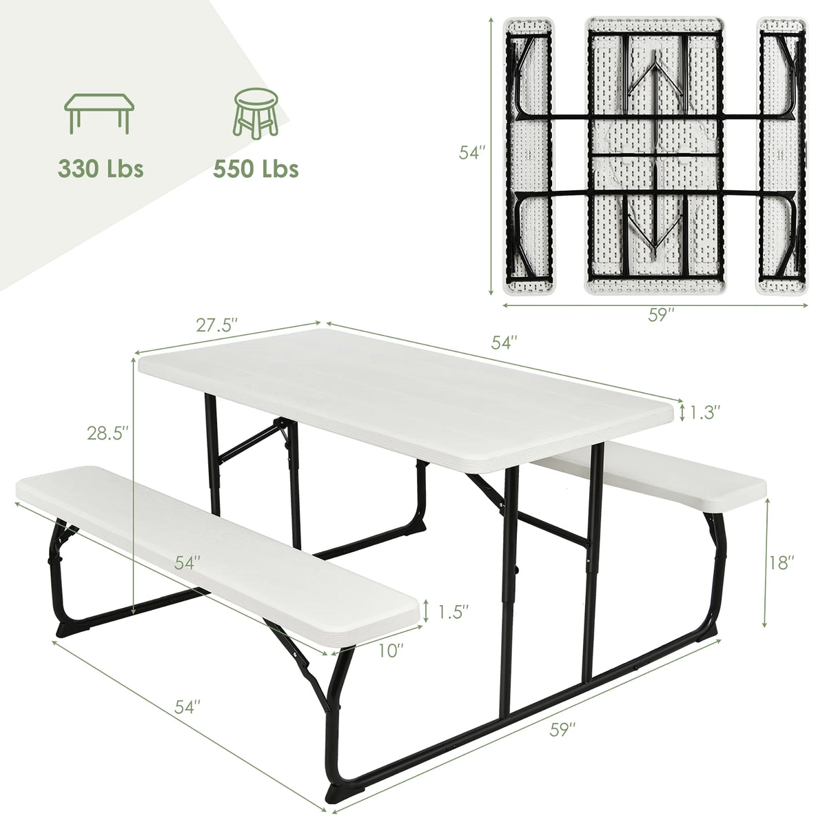 Costway Indoor & Outdoor Folding Picnic Table Bench Set w/ Wood-like Texture Grey