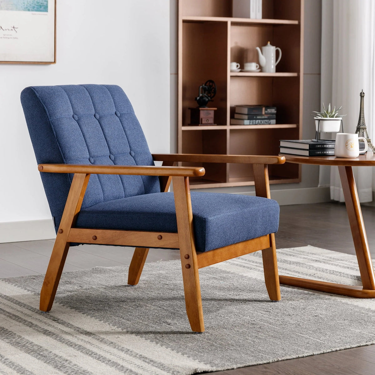 Ufurpie Mid Century Modern Armchair with Wood Frame,Linen Fabric Comfy Reading Chair,Accent Chair for Living Room Bedroom,Navy