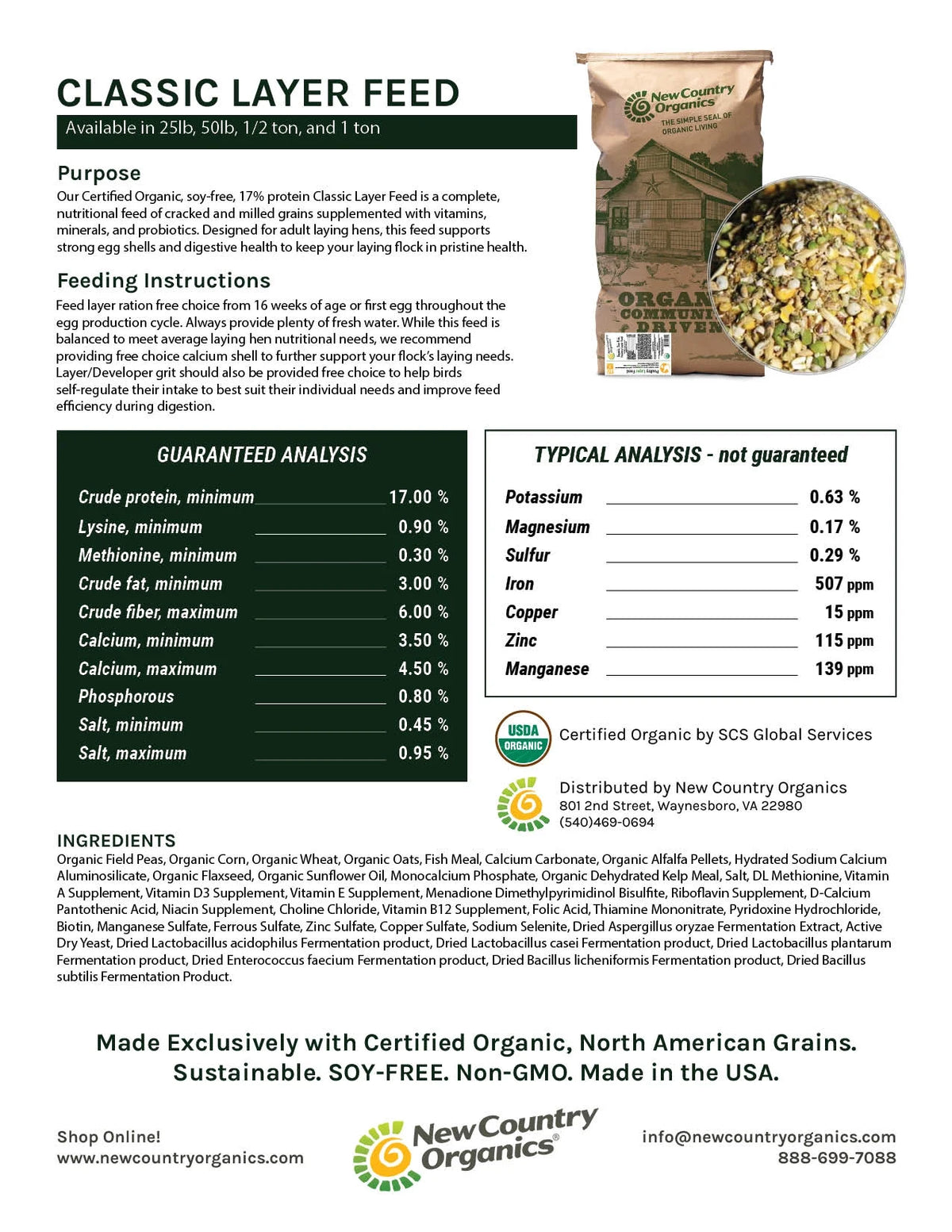 New Country Organics | Chicken Feed 50lb | Classic Grind Layer Chicken Feed for Laying Hens | Ground Grain | Soy-Free | 17% Protein | Certified Organic & Non-GMO Chicken Food | 50lbs Bag