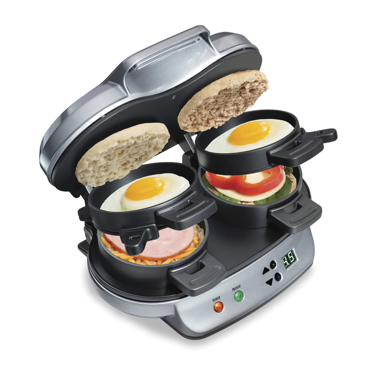 Hamilton Beach Dual Breakfast Sandwich Maker with Timer, 2 Sandwich Capacity, Silver, 25490