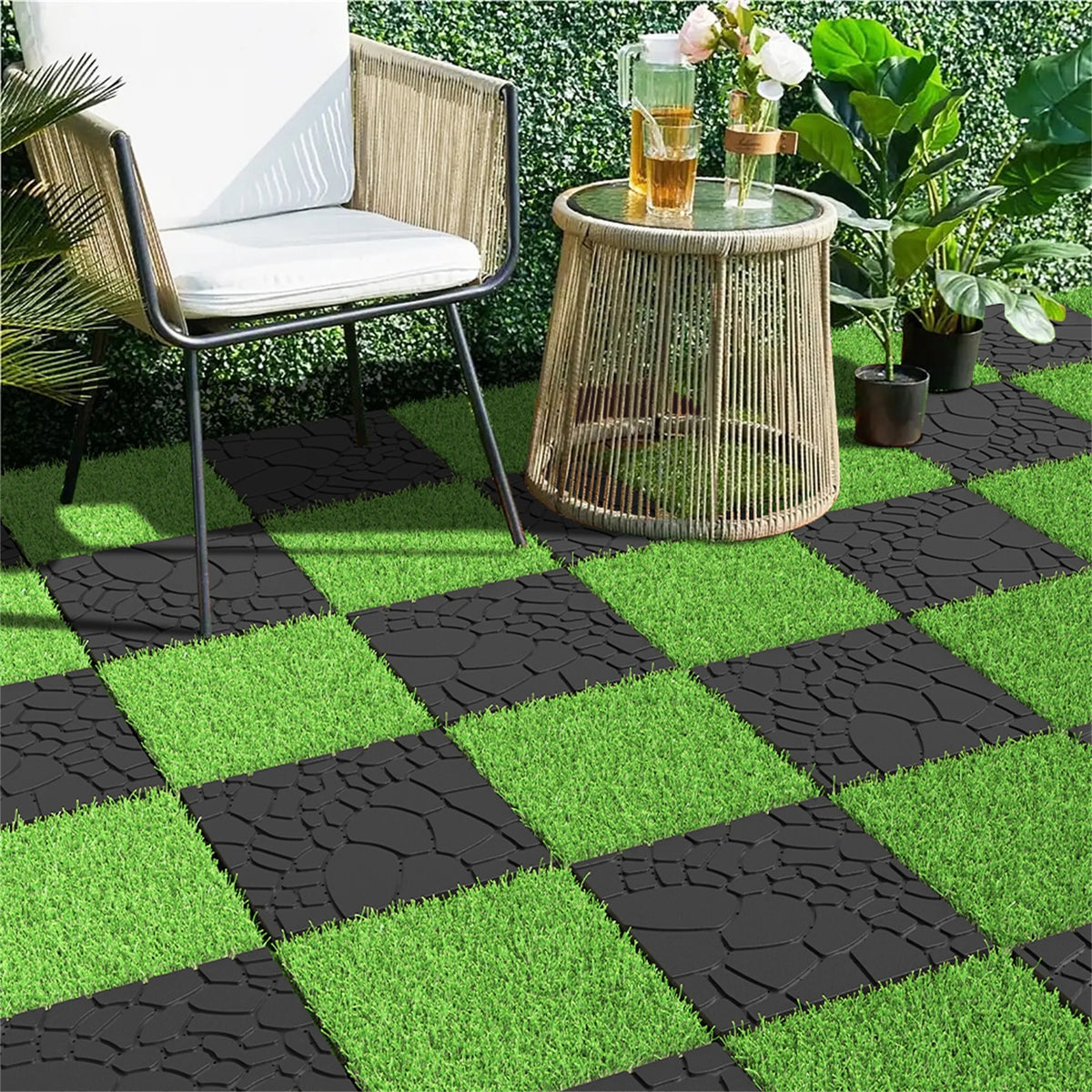 Miniyam 44 Pcs 12"x12" Interlocking Deck Tiles, Rubber Flooring, Patio Decking, Poolside, Dark Gray+Stone Texture