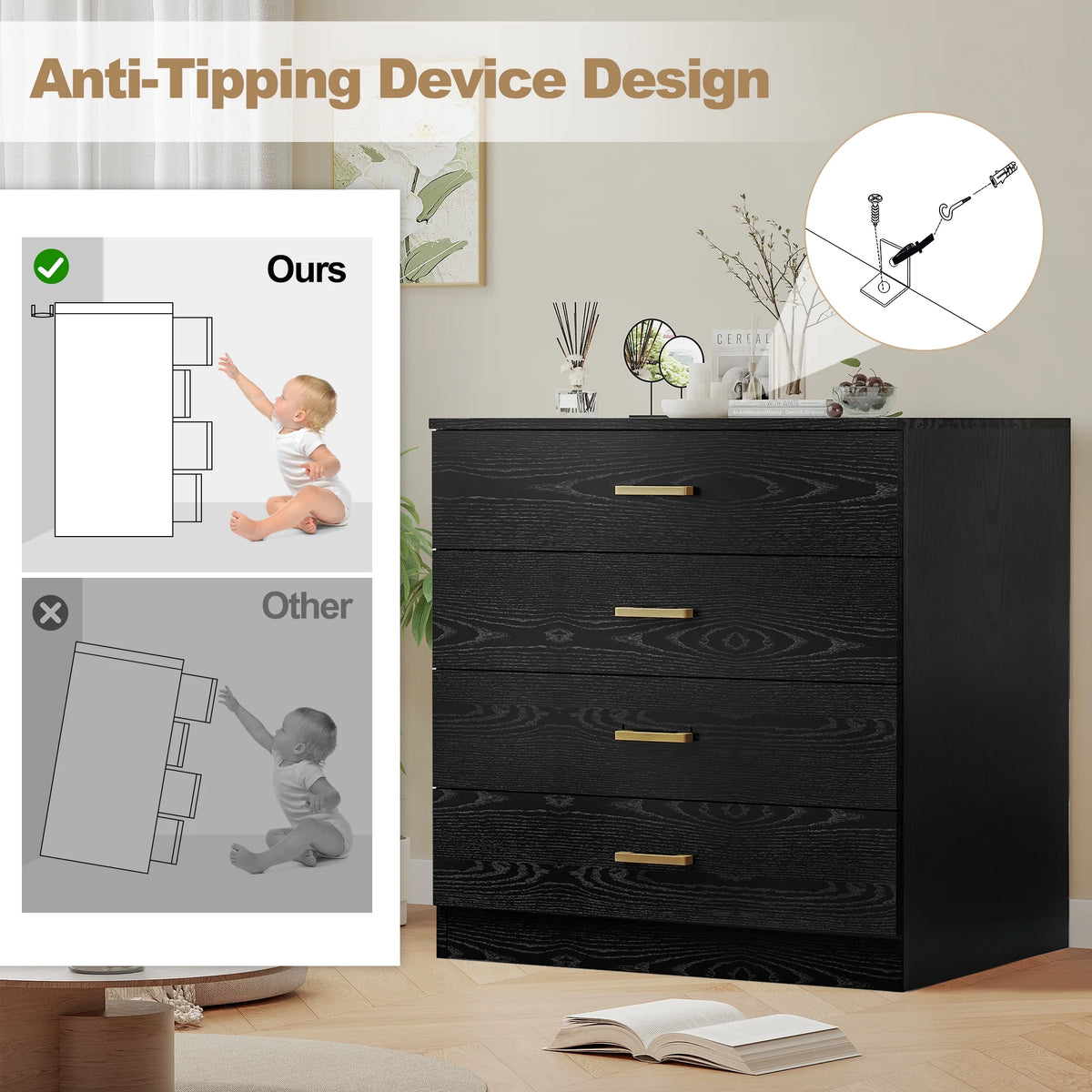 White 4-Drawer Wood Dressers for Bedroom
