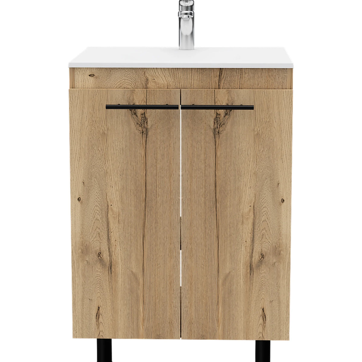 24" Floor Cabinet With Oak Finish, Double-door And Two Shelves - Storage Room Vanity Beige Particle Board Cabinet, Double Door & Spa