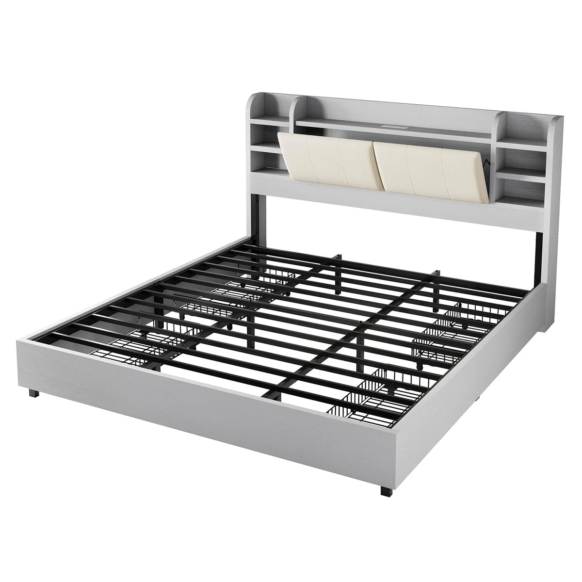 PLAUIN King Size Bed Frame with Storage Drawers, 47.2" Headboard and Wooden Platform, Grey