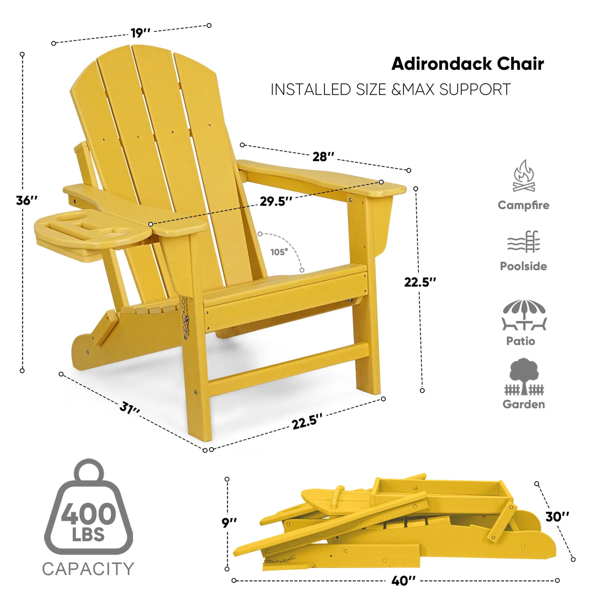FOOWIN HDPE Plastic Adirondack Chairs Set of 4, Black
