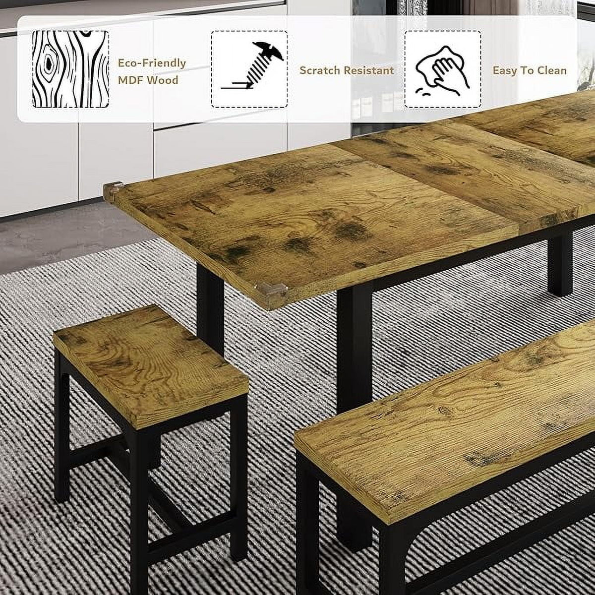 iPormis 5-Piece Dining Table Set for 4-8 People, Extendable Kitchen Table Set with 2 Benches and 2 Square Stools, Black