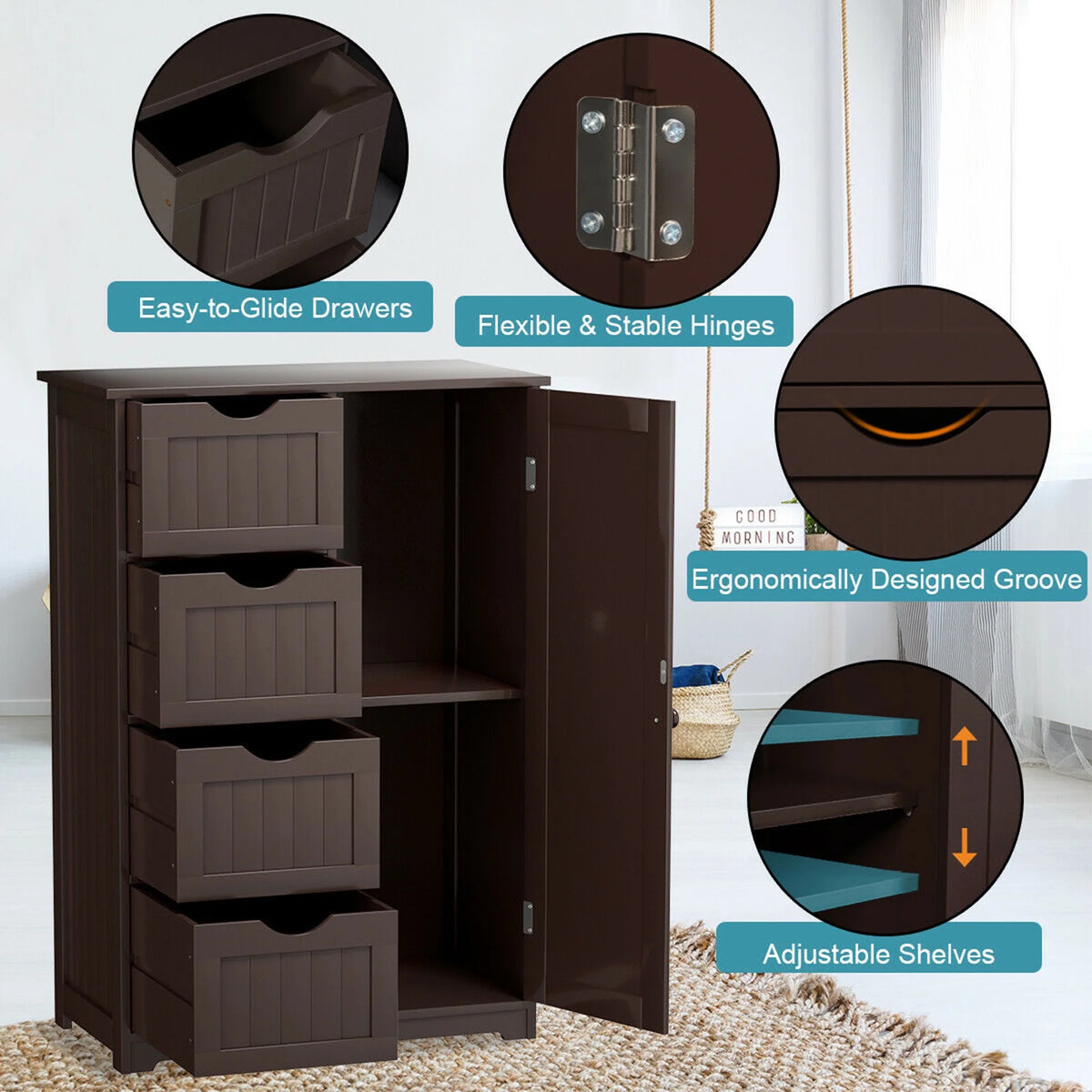 Gymax Bathroom Floor Cabinet Storage Organizer Cupboard w/ 4 Drawers Adjustable Shelf Grey