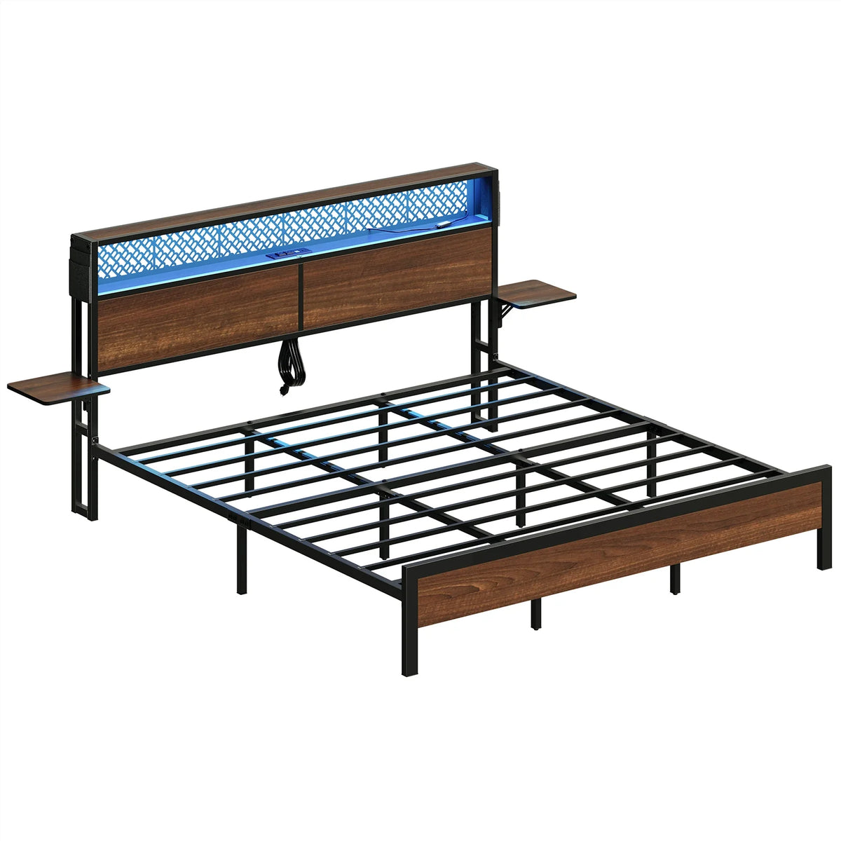 Bestier Queen Size Platform Bed Frame with Wood Foldable Bedside Shelves and LED Storage Headboard Charge Station, Gray