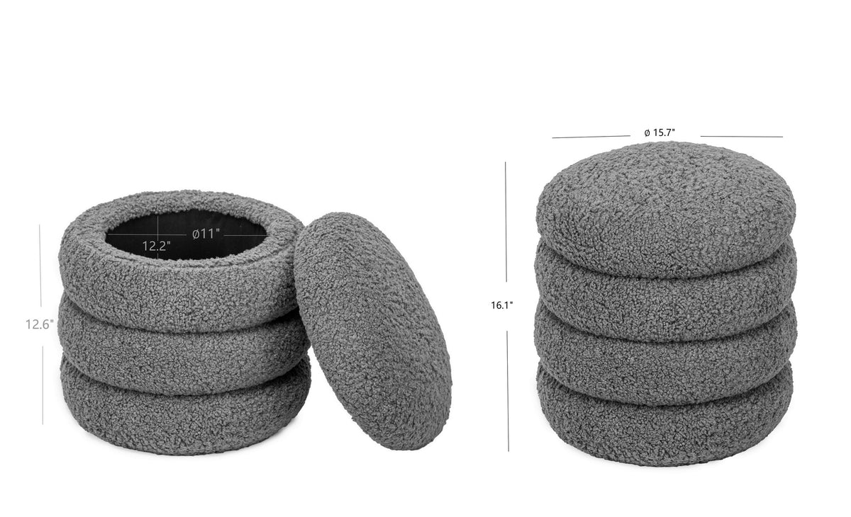 White Boucle Pouf with Storage Vintage Style Living Room