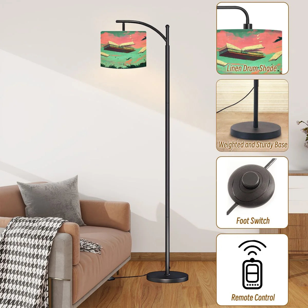 Arc Floor Lamps Surreal Bookshelf Dreamlike Sky Art Print Modern LED Adjustable Lampshade Standing Light for Living Room Reading Bedroom Office