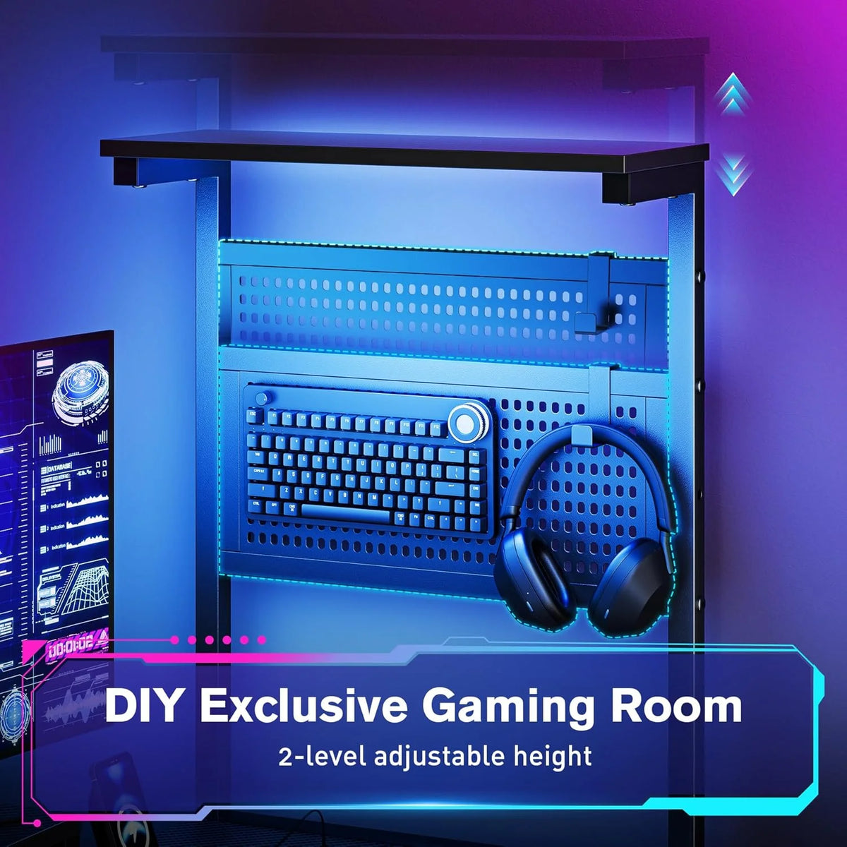 Upgo 55" Gaming Desk with Adjustable Storage Rack & LED Lights, Power Outlets for Adult and Teen