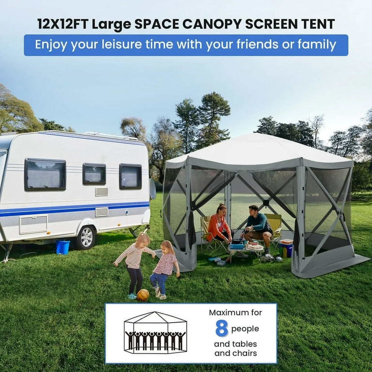 SANOPY 12'x12' Gazebo Outdoor Pop up Gazebo Screen Tent with 6 Sides Mosquito Netting Camping Gazebo Instant Shelter Glamping Tent with Carry bag, Ground Spike, Gray
