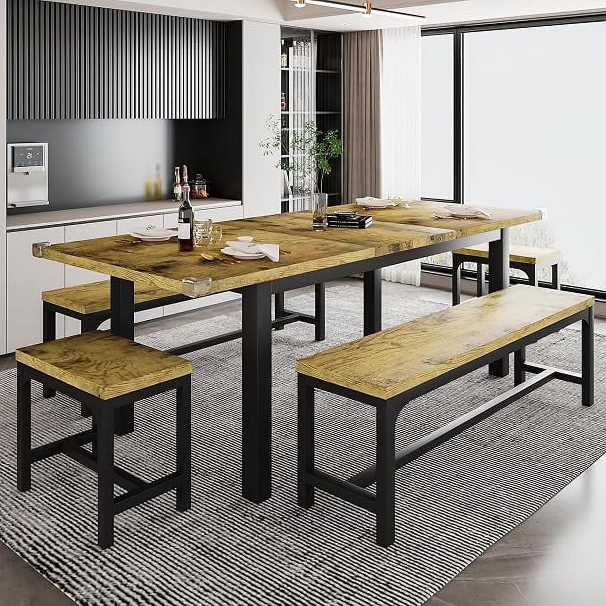 iPormis 5-Piece Dining Table Set for 4-8 People, Extendable Kitchen Table Set with 2 Benches and 2 Square Stools, Black
