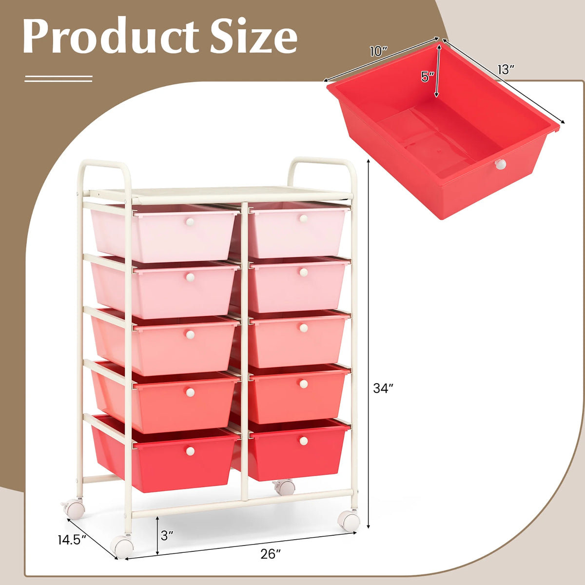 Gymax 10-Drawer Rolling Storage Cart Tools Scrapbook Paper Organizer on Wheels Black Gradient