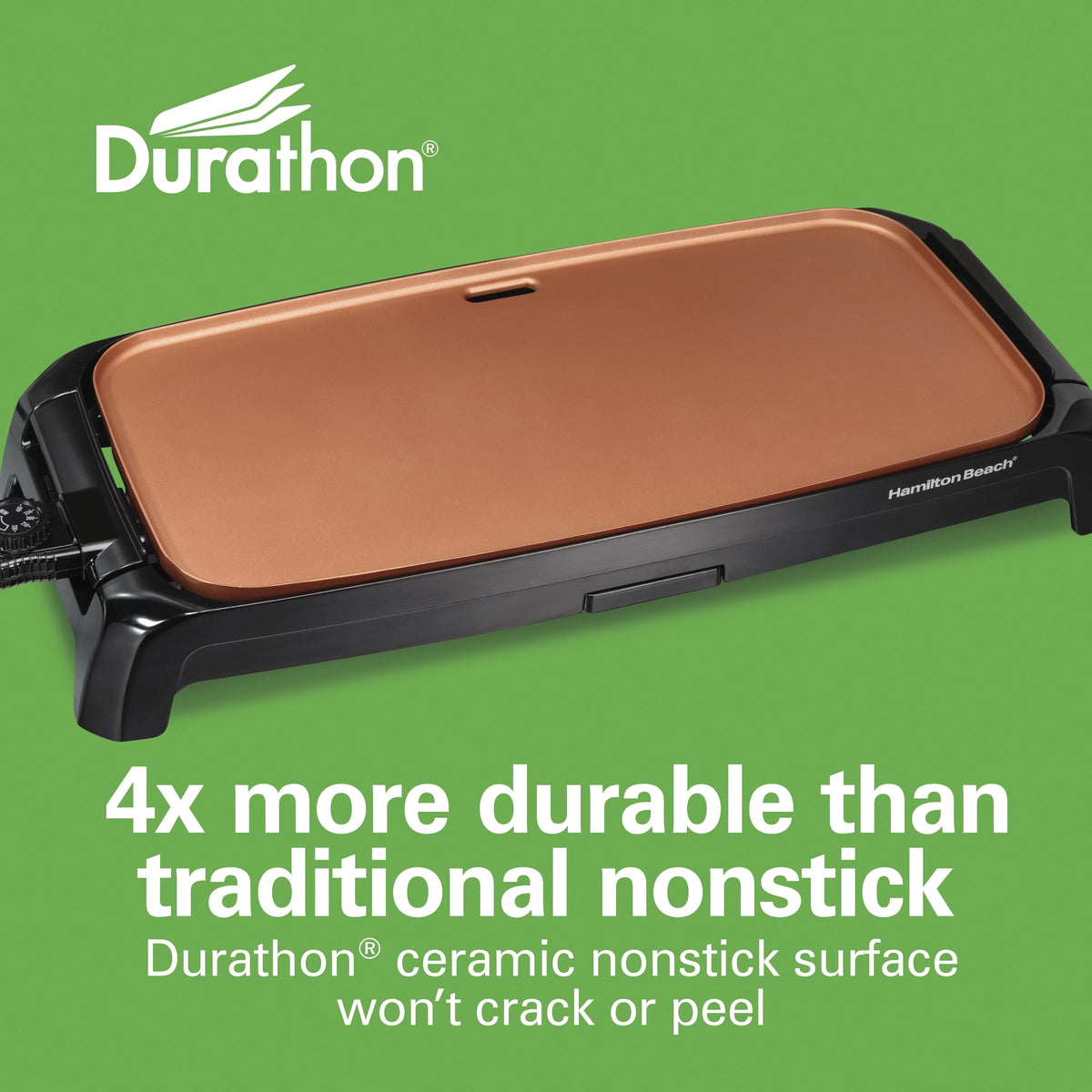 Hamilton Beach Durathon Ceramic Griddle, Reversible, Copper-Tinted Durathon Nonstick Surface, 200 sq in, Black, 38519