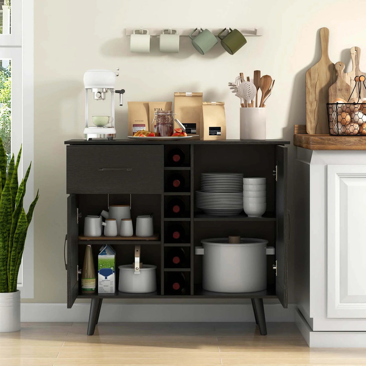 Costway 2-Door Wine Bar Cabinet Kitchen Sideboard Buffet with Drawer & Adjustable Shelves Natural