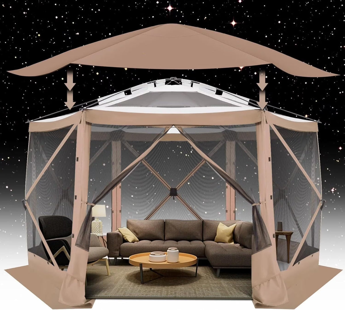COBIZI 12x12ft Pop-up Gazebo Screen Tent Screen House with sidewalls and Mosquito Netting for Camping, Waterproof, UV Resistant, EZ Set-up Party Canopy with Carrying Bag and Ground Stakes, Brown