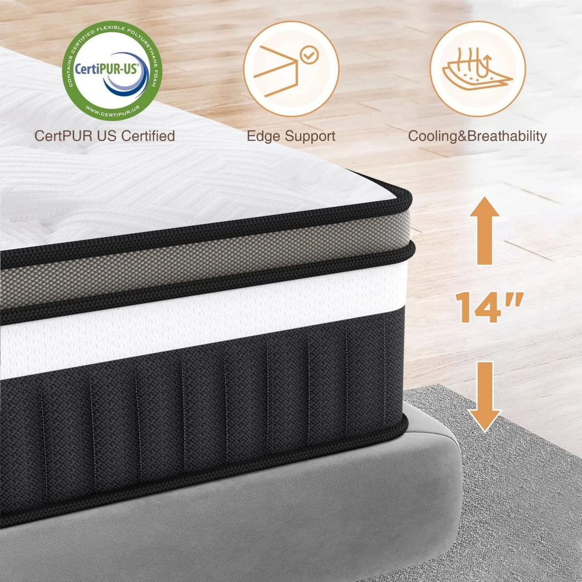 Qvamodo 14 Inch Hybrid King Mattress- Medium Firm King Size Bed in a Box - CertiPUR-US Certified Memory Foam, King Size mattress for Pressure Relief, Cooling Sleep, and Motion Isolation