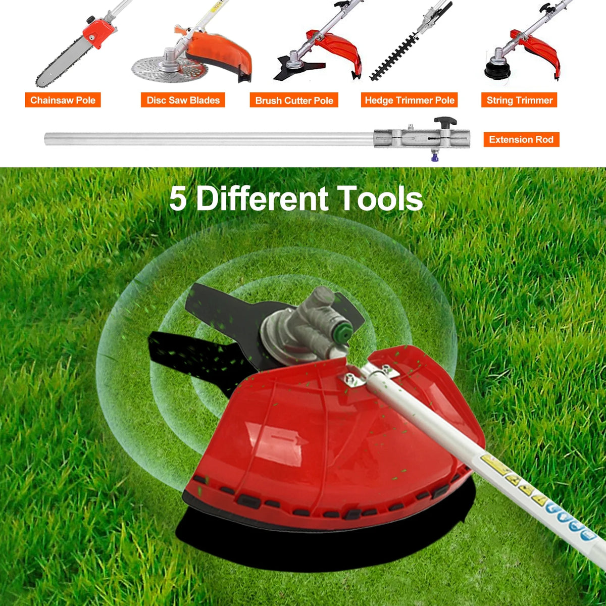 WETS 5 in 1 Garden Hedge Trimmer Combo,  52cc 2-Stroke Gas Powered Long Reach Pole Saw Grass String Trimmer Brush Tree Cutter Pruner Weed Eater Multi Functional Garden Trimming Tools