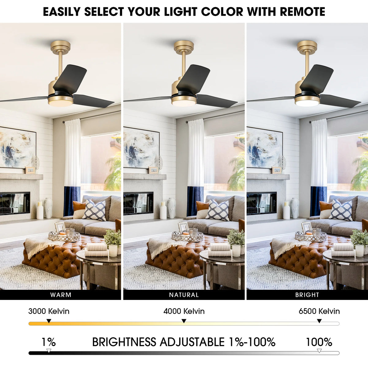 42" Modern Gold Dimmable Ceiling Fan DC Motor Indoor 3-blade LED Ceiling Fan with Remote