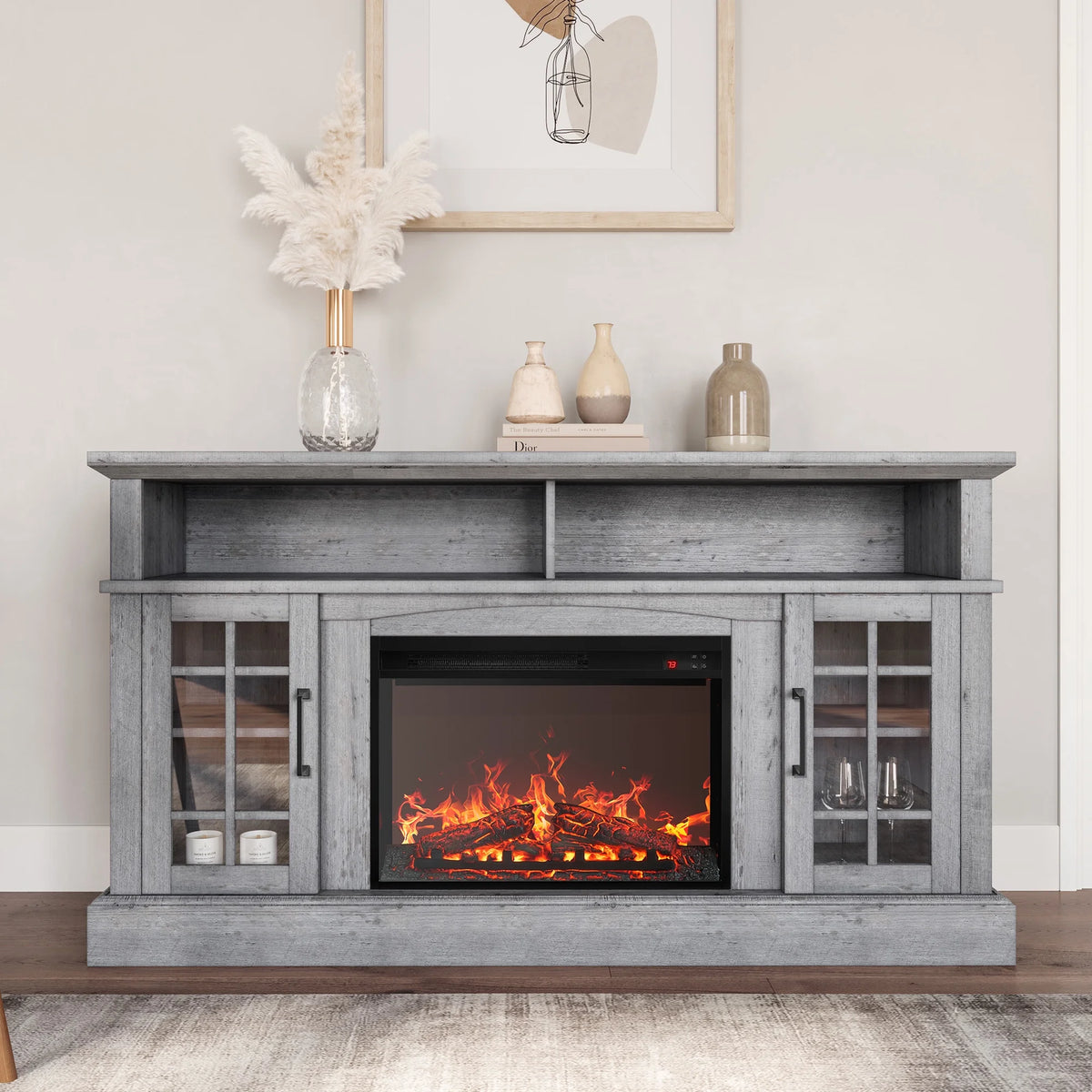 BELLEZE 58" TV Stand with 23" Electric Fireplace, Fireplace TV Console for TVs up to 65", Home Entertainment Center with Storage Cabinet and Adjustable Shelves - Astorga (Gray Wash)